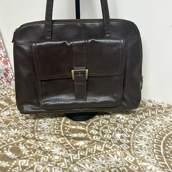 Buxton brown leather briefcase zip & snap pockets over shoulder vintage - Picture 1 of 14